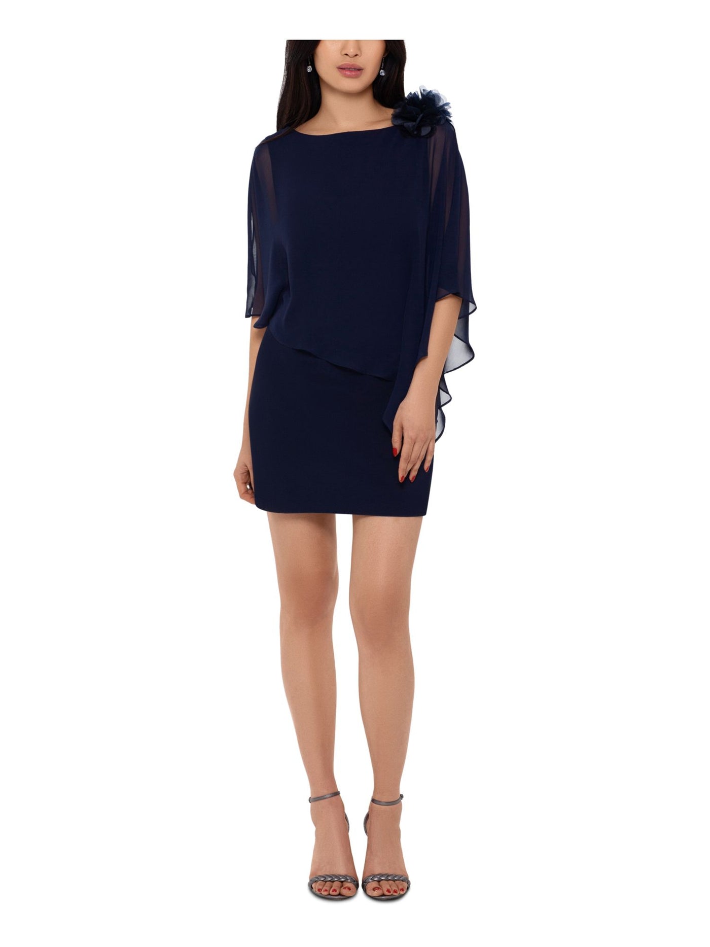 XSCAPE Womens Navy Zippered Overlay Cape Jewel Neck Mini Cocktail Shift Dress 6