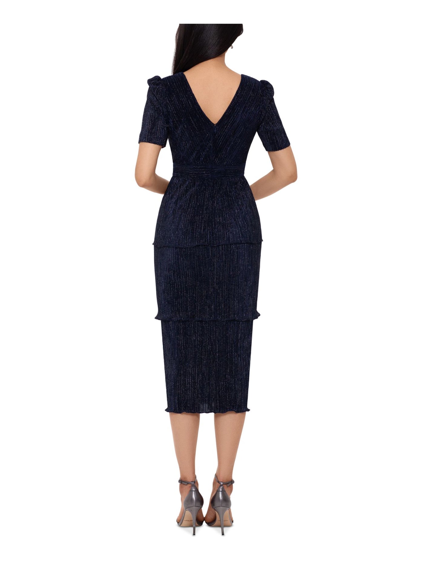 XSCAPE Womens Navy Short Sleeve V Neck Midi Evening Sheath Dress 4