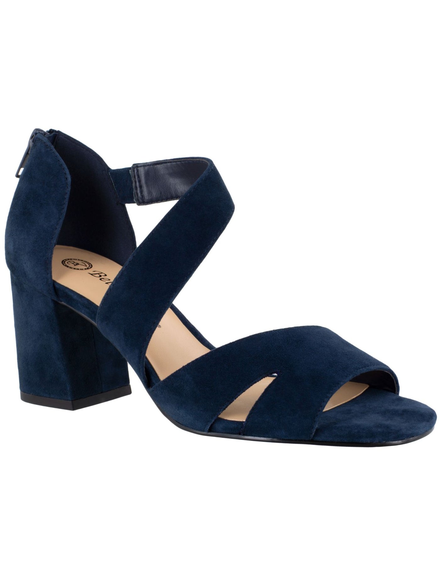 BELLA VITA Womens Navy Goring Cushioned Asymmetrical Korrine Round Toe Block Heel Zip-Up Leather Slide Sandals 8 W