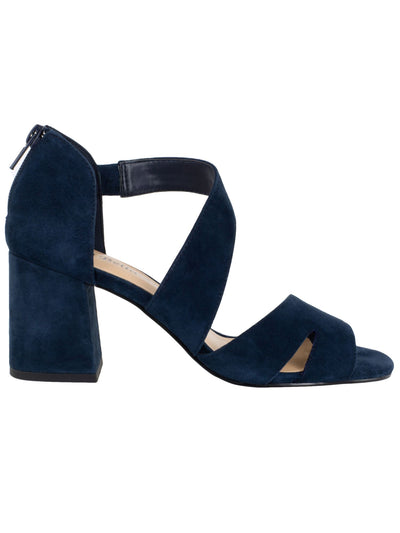 BELLA VITA Womens Navy Goring Cushioned Asymmetrical Korrine Round Toe Block Heel Zip-Up Leather Slide Sandals 8 W