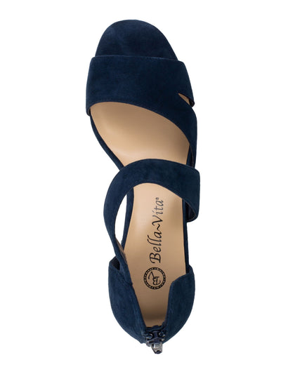 BELLA VITA Womens Navy Goring Cushioned Asymmetrical Korrine Round Toe Block Heel Zip-Up Leather Slide Sandals Shoes W