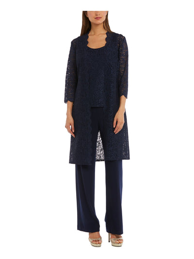 R&M RICHARDS Womens Navy Scalloped Sequined Tank Lined 3/4 Sleeve Open Front Evening Top Petites 12P