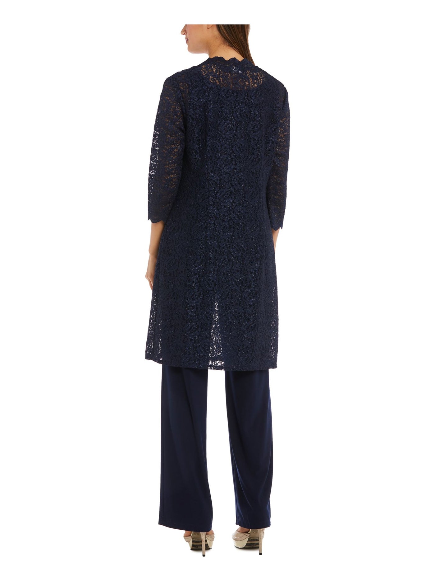 R&M RICHARDS Womens Navy Scalloped Sequined Tank Lined 3/4 Sleeve Open Front Evening Top Petites 12P