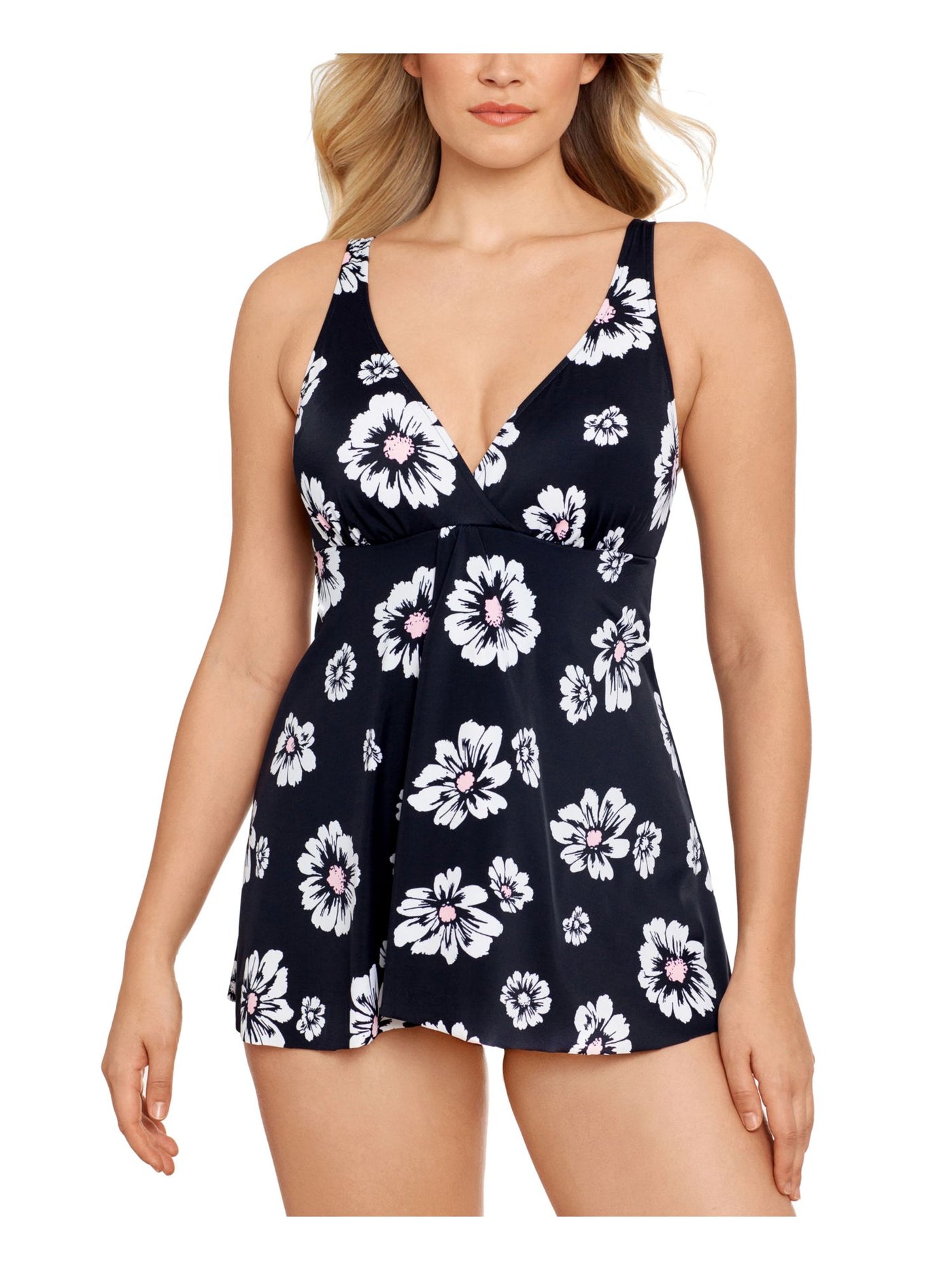 SWIM SOLUTIONS Women's Black Floral Stretch Allover Slimming Flyaway Lined Fixed Cups Surplice Neck Full Coverage Swimdress 16