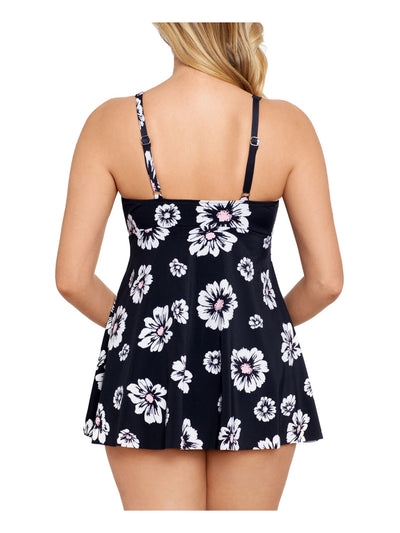 SWIM SOLUTIONS Women's Black Floral Stretch Allover Slimming Flyaway Lined Fixed Cups Surplice Neck Full Coverage Swimdress 16