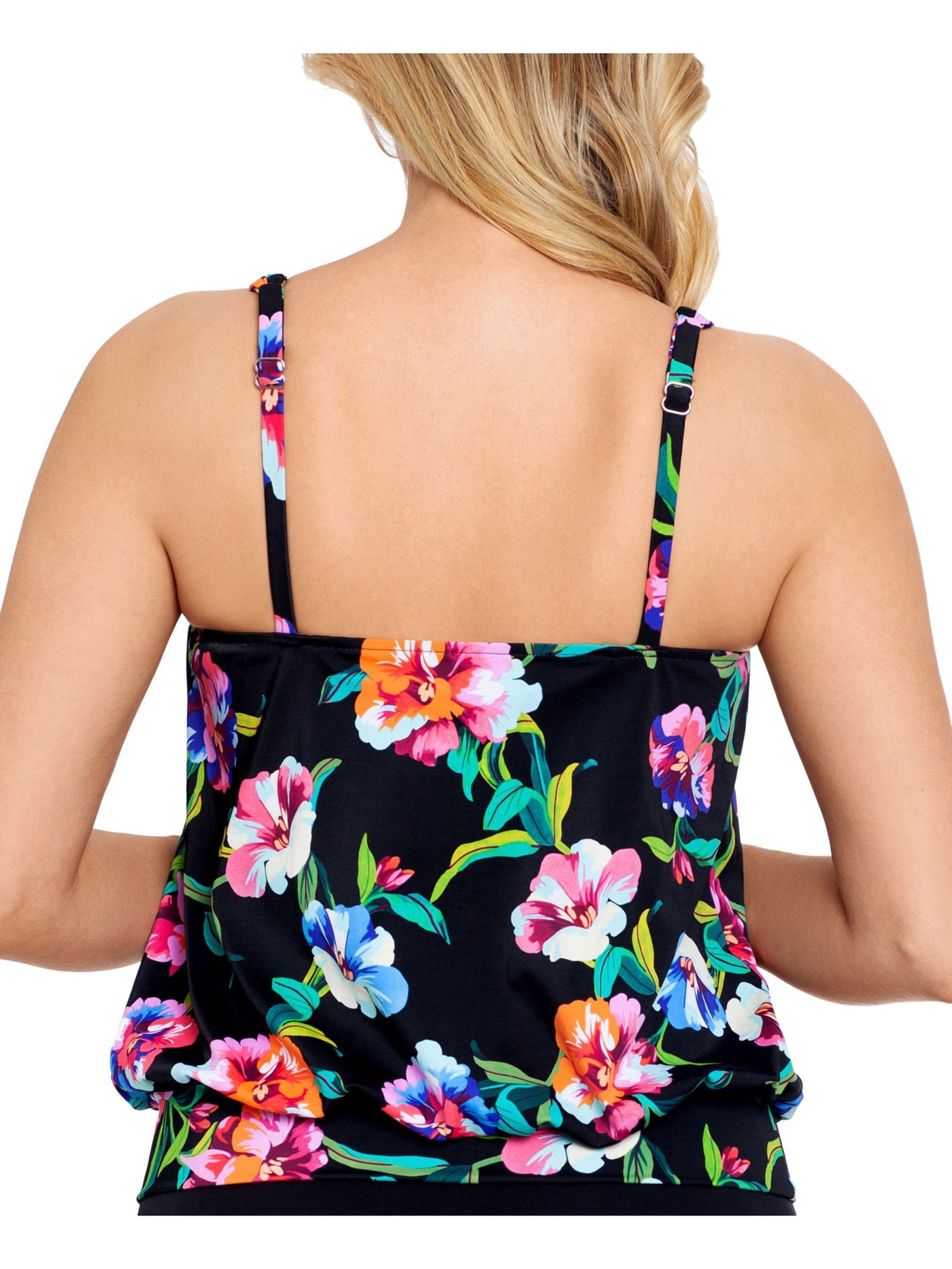 SWIM SOLUTIONS Women's Multi Color Floral Stretch Underwire No Cups Lined Blouson Adjustable Scoop Neck Tankini Swimsuit Top 8