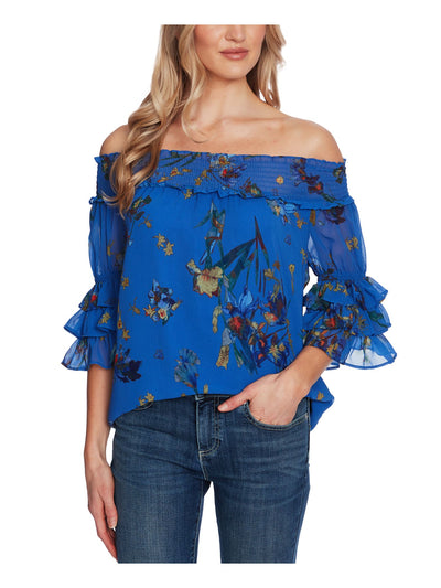 CECE Womens Blue Sheer Ruffled Floral 3/4 Sleeve Off Shoulder Top S