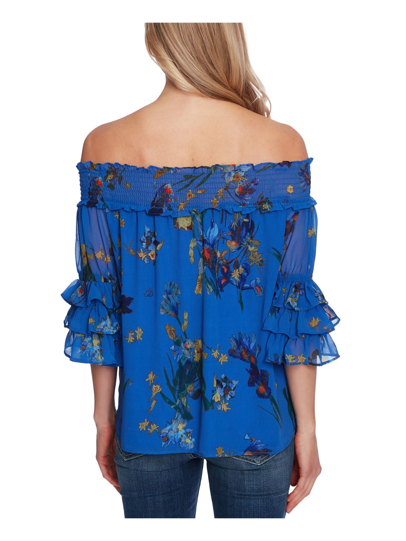 CECE Womens Blue Sheer Ruffled Floral 3/4 Sleeve Off Shoulder Top S