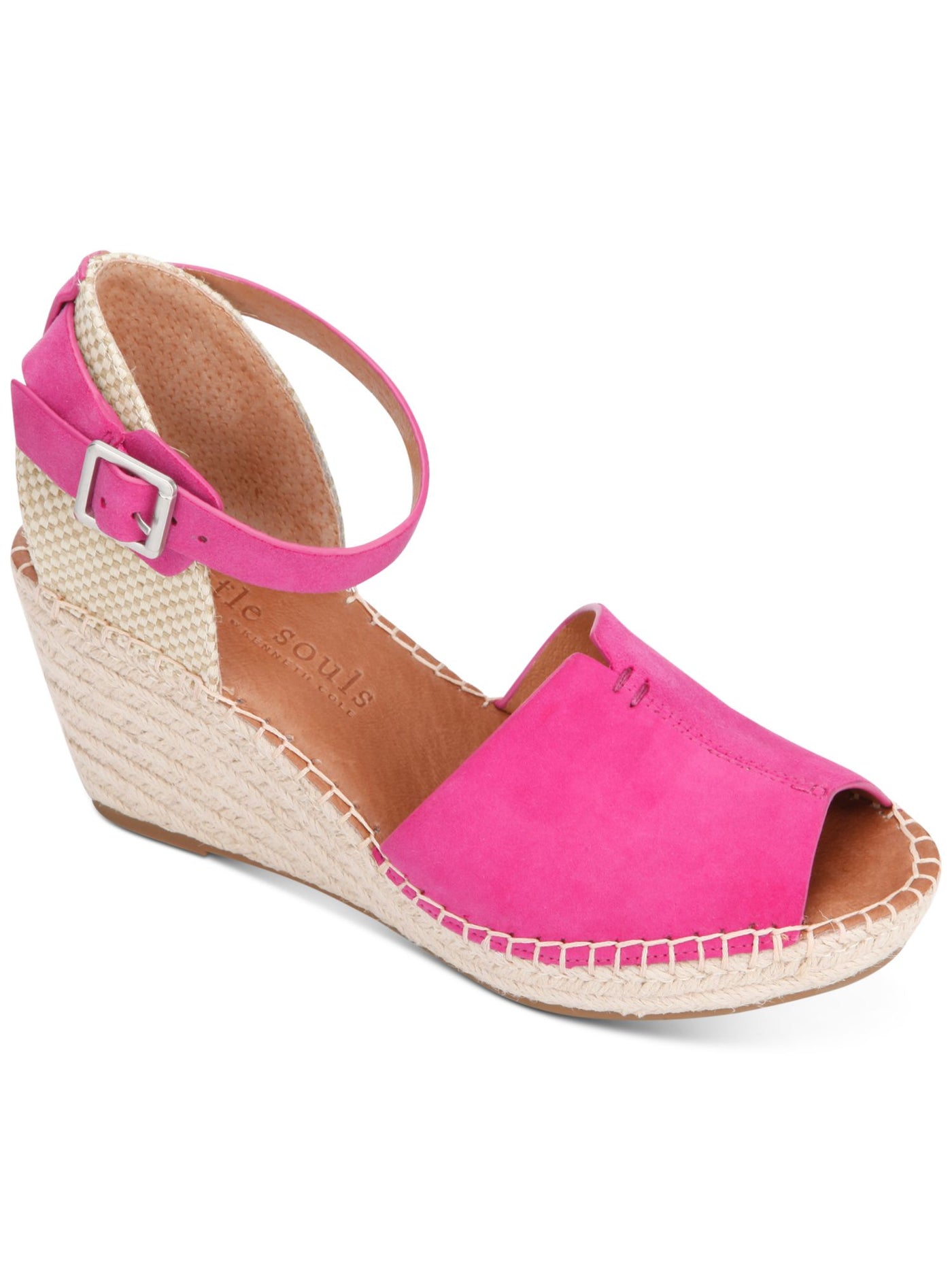 GENTLE SOULS KENNETH COLE Womens Pink Mixed Media Notched Woven Padded Ankle Strap Charli Round Toe Wedge Buckle Leather Espadrille Shoes 5.5 M