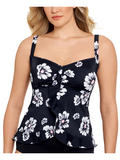 SWIM SOLUTIONS Women's Black Floral Ruffled Hem Non- Removable Cups Bra Tankini Swimsuit Top 18