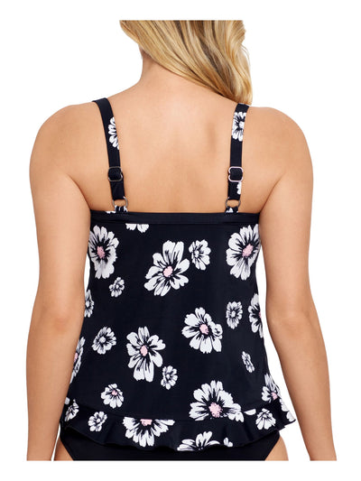 SWIM SOLUTIONS Women's Black Floral Ruffled Hem Non- Removable Cups Bra Tankini Swimsuit Top 8