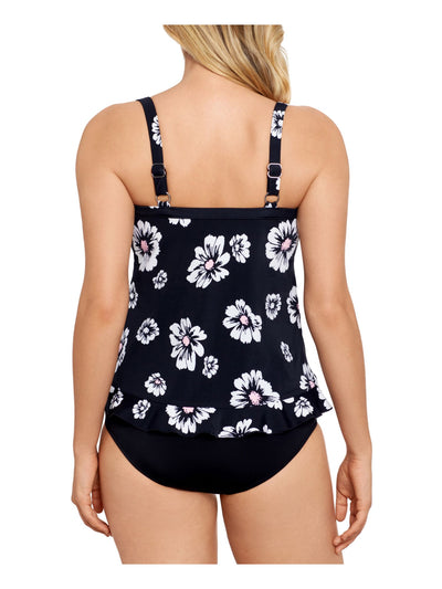 SWIM SOLUTIONS Women's Black Floral Ruffled Hem Non- Removable Cups Bra Tankini Swimsuit Top 18