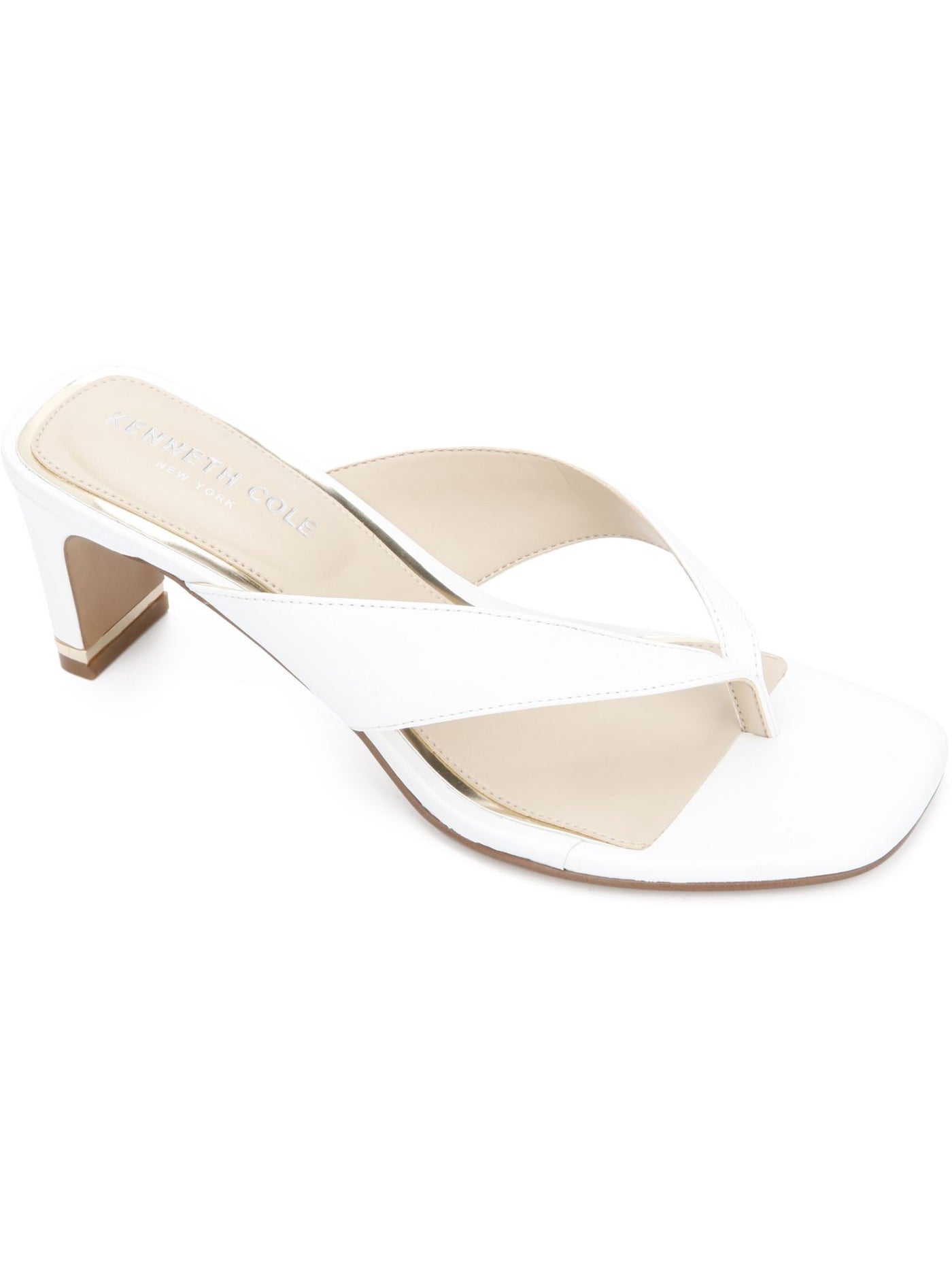 KENNETH COLE NEW YORK Womens White Metallic Accent At Heel Macen Square Toe Block Heel Slip On Leather Dress Thong Sandals 10 M