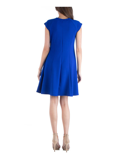 24 SEVEN COMFORT Womens Blue Textured Unlined Cap Sleeve Keyhole Above The Knee Wear To Work Fit + Flare Dress L