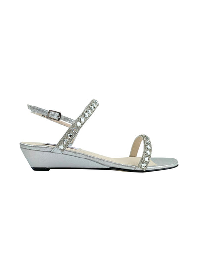 BENJAMIN WALK Womens Silver Adjustable Strap Stone Accent Jasmine Round Toe Wedge Buckle Sandals Shoes 9.5