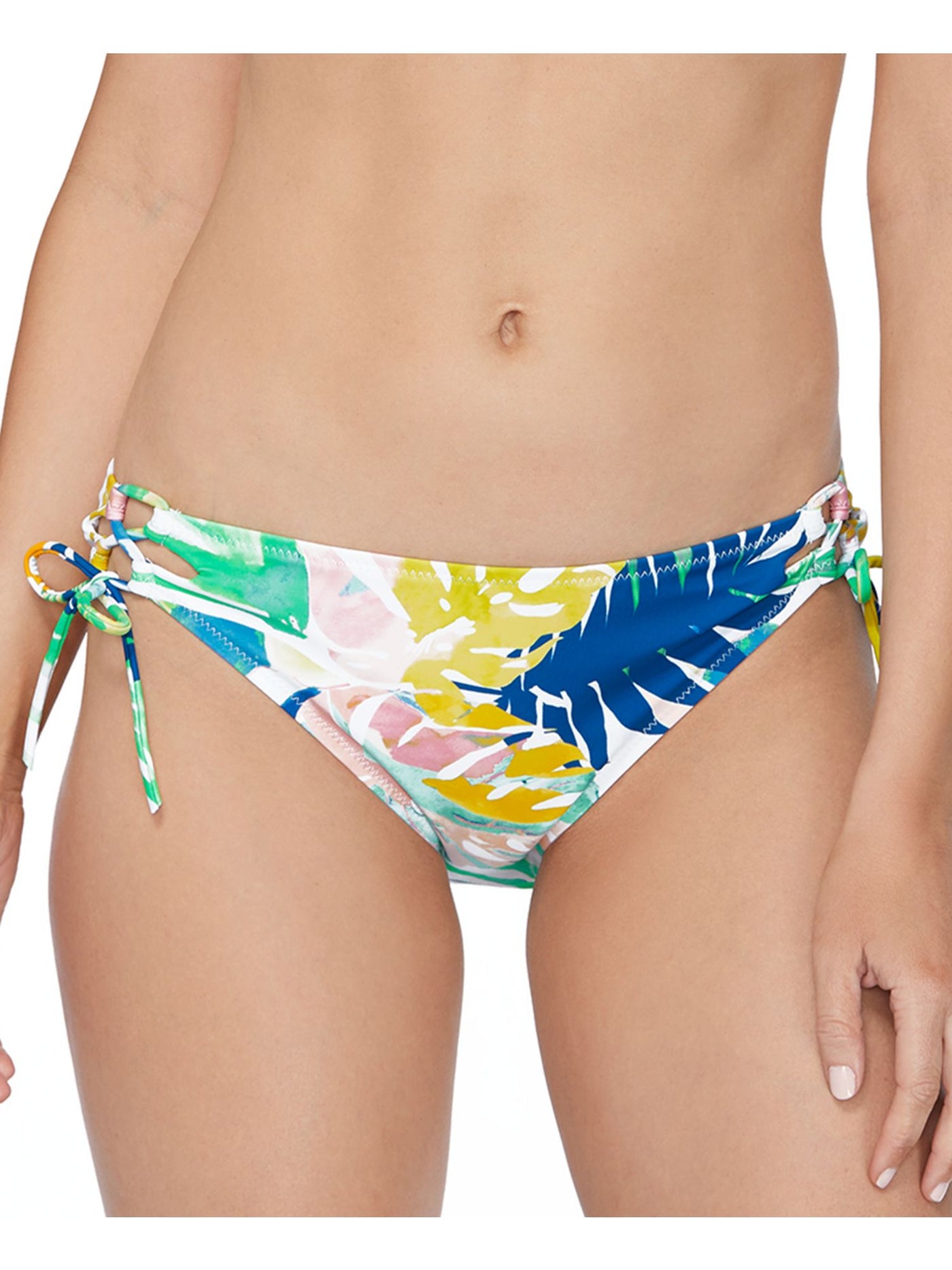 RAISINS Women's Blue Tropical Print Stretch Side Tie Lined Full Coverage Adjustable Palm Springs Bikini Swimsuit Bottom S