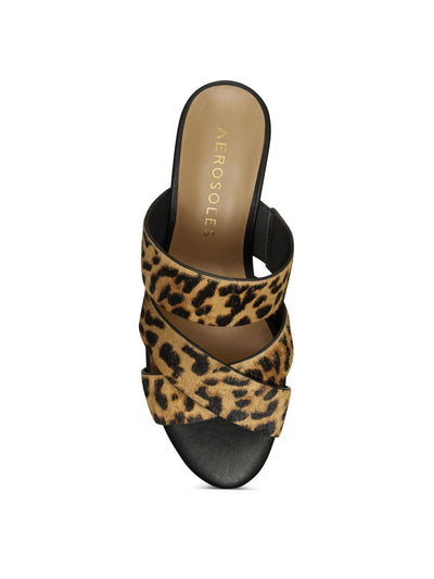 AEROSOLES Womens Brown Leopard Print Crisscross Straps Side Gore Core Comfort Technology Comfort Westfield Almond Toe Wedge Slip On Leather Slide Sandals Shoes 9.5 M