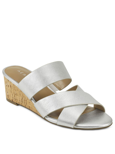 AEROSOLES Womens Silver Open Toe Wedge Slip On Leather Sandals Shoes 9.5 W