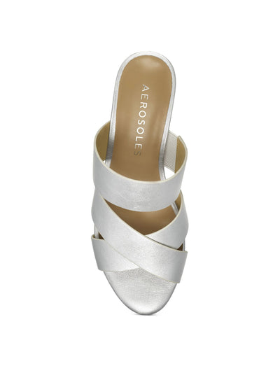AEROSOLES Womens Silver Open Toe Wedge Slip On Leather Sandals Shoes 9.5 W