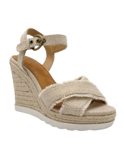 SUGAR Womens Beige Frayed Padded Jute Adjustable Strap Woven Fave Round Toe Wedge Buckle Espadrille Shoes 9 M