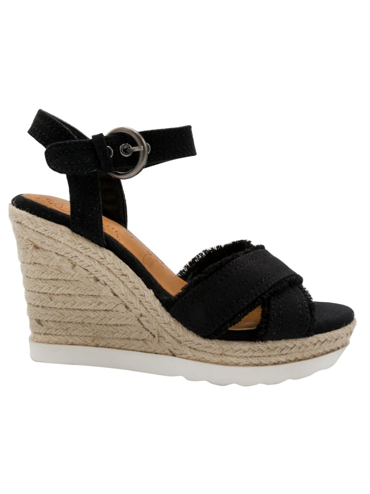 SUGAR Womens Black Jute Frayed Adjustable Strap Woven Fave Round Toe Wedge Buckle Espadrille Shoes 6.5 M