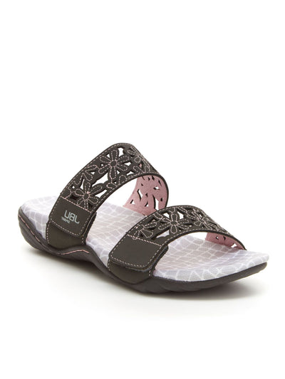 JBU SPORT Womens Gray Non-Slip Adjustable Wildflower Round Toe Slip On Leather Slide Sandals 7 M