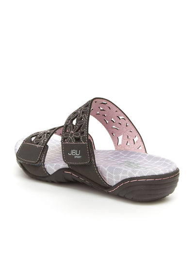 JBU SPORT Womens Gray Non-Slip Adjustable Wildflower Round Toe Slip On Leather Slide Sandals 7 M