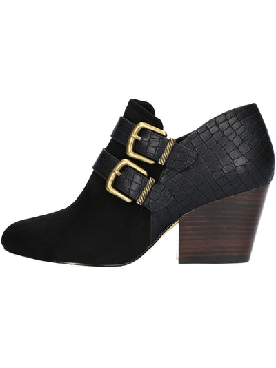 BELLA-VITA Womens Black Croc Embossed Buckle Accent Cushioned Thea Round Toe Block Heel Zip-Up Booties 11 WW