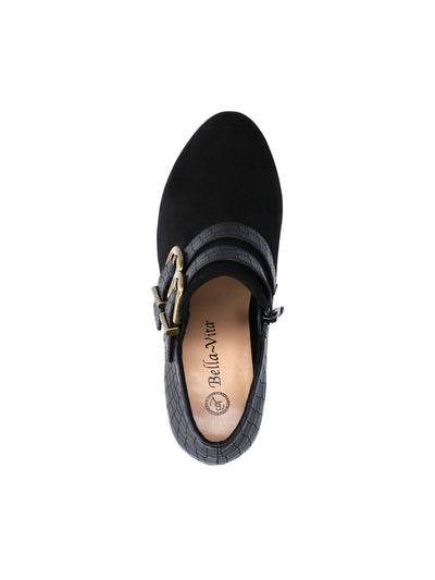 BELLA-VITA Womens Black Croc Embossed Buckle Accent Cushioned Thea Round Toe Block Heel Zip-Up Booties 11 WW