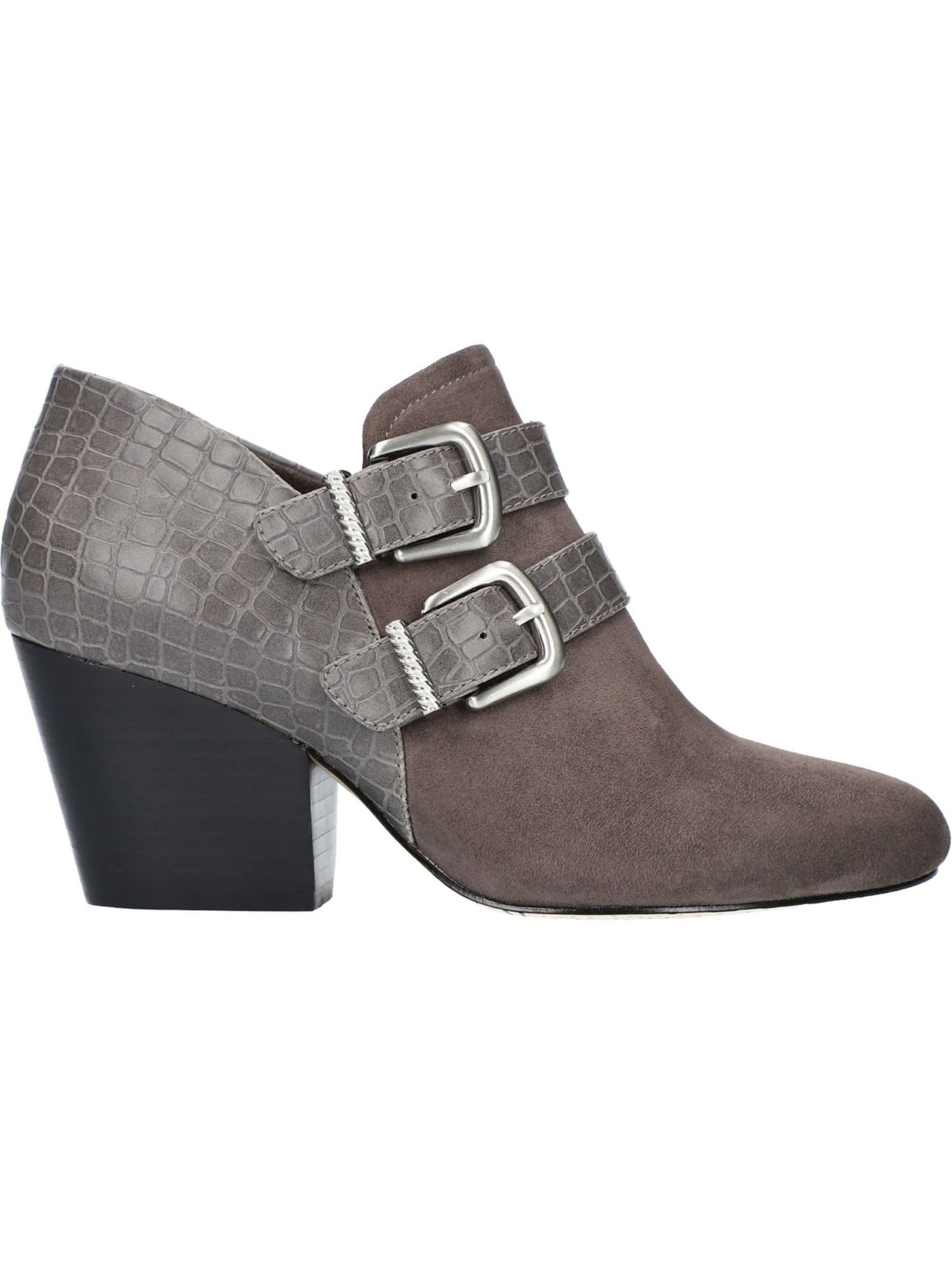 BELLA-VITA Womens Gray Mixed Material Buckle Accent Cushioned Round Toe Block Heel Zip-Up Booties 9