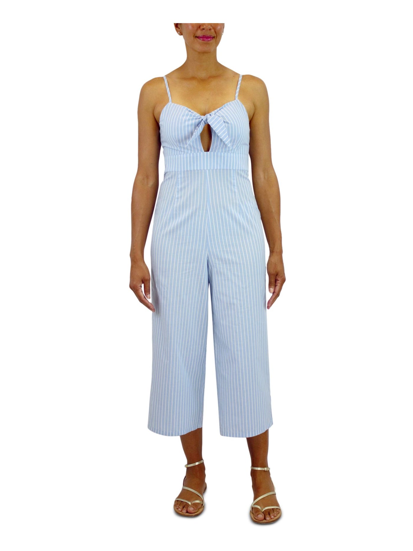 CRYSTAL DOLLS Womens Light Blue Zippered Cut Out Striped Sleeveless Sweetheart Neckline Cropped Jumpsuit 5