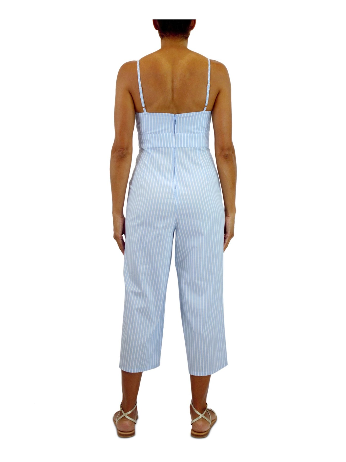 CRYSTAL DOLLS Womens Light Blue Zippered Cut Out Striped Sleeveless Sweetheart Neckline Cropped Jumpsuit 3