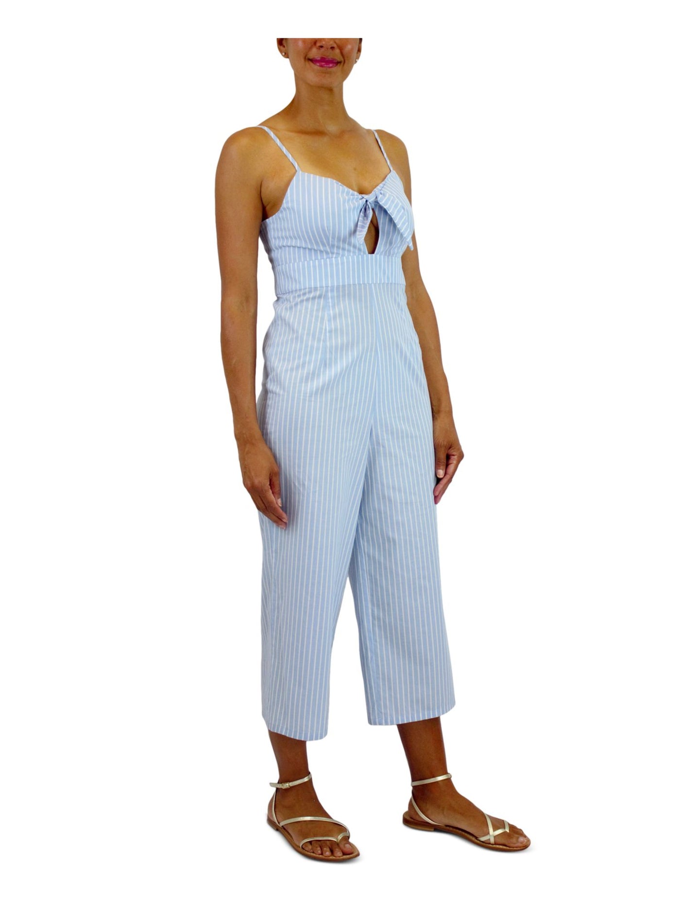 CRYSTAL DOLLS Womens Light Blue Zippered Cut Out Striped Sleeveless Sweetheart Neckline Cropped Jumpsuit 3