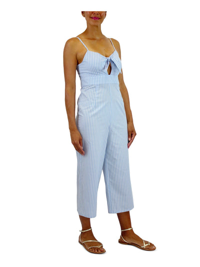 CRYSTAL DOLLS Womens Light Blue Zippered Cut Out Striped Sleeveless Sweetheart Neckline Cropped Jumpsuit 3