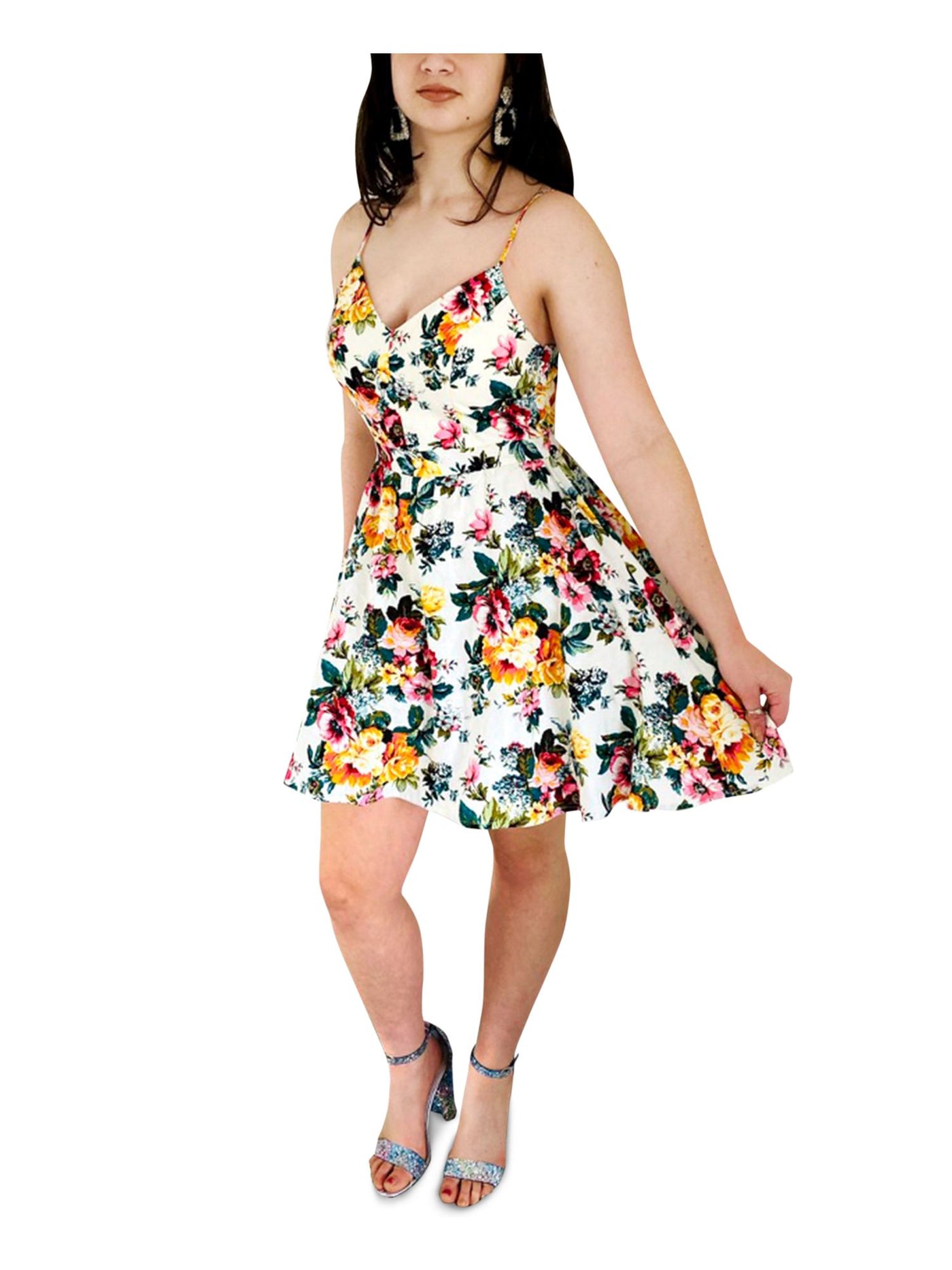 EMERALD SUNDAE Womens Ivory Zippered Fitted Floral Spaghetti Strap V Neck Above The Knee Party Fit + Flare Dress 7