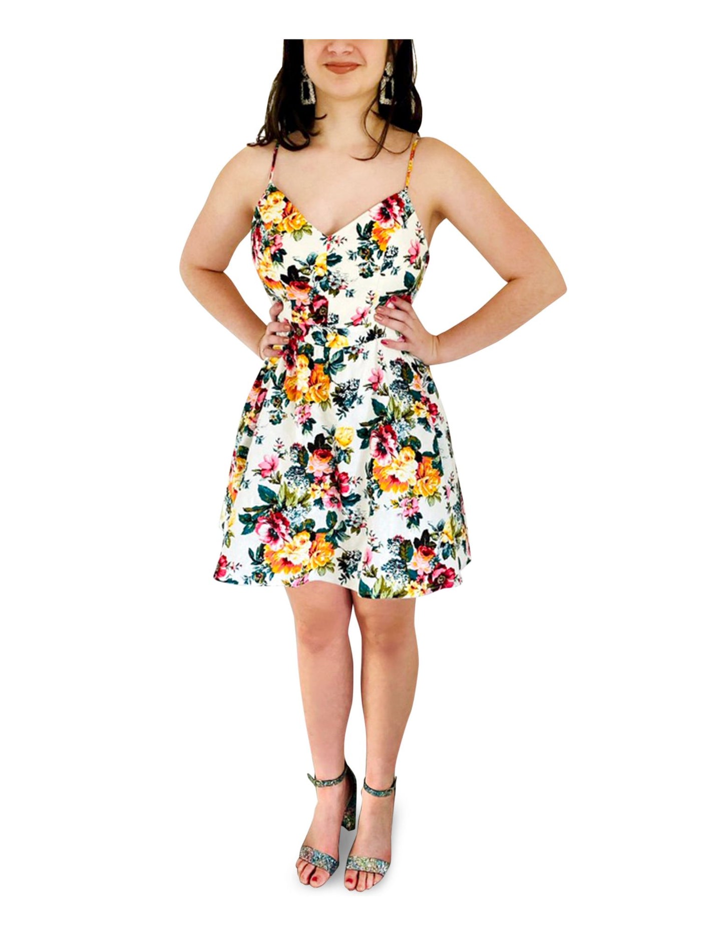 EMERALD SUNDAE Womens Ivory Zippered Fitted Floral Spaghetti Strap V Neck Above The Knee Party Fit + Flare Dress 7