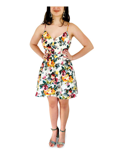 EMERALD SUNDAE Womens Ivory Zippered Fitted Floral Spaghetti Strap V Neck Above The Knee Party Fit + Flare Dress 7