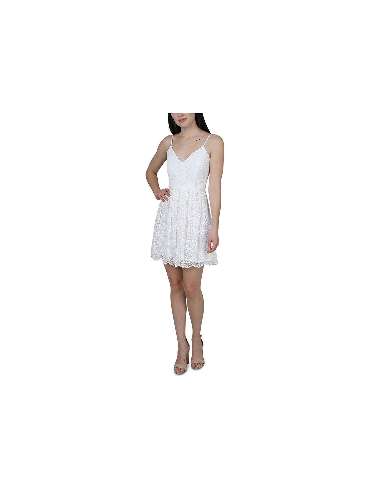 JUMP APPAREL Womens White Lace Zippered Pleated Floral Spaghetti Strap V Neck Mini Party Fit + Flare Dress 1\2