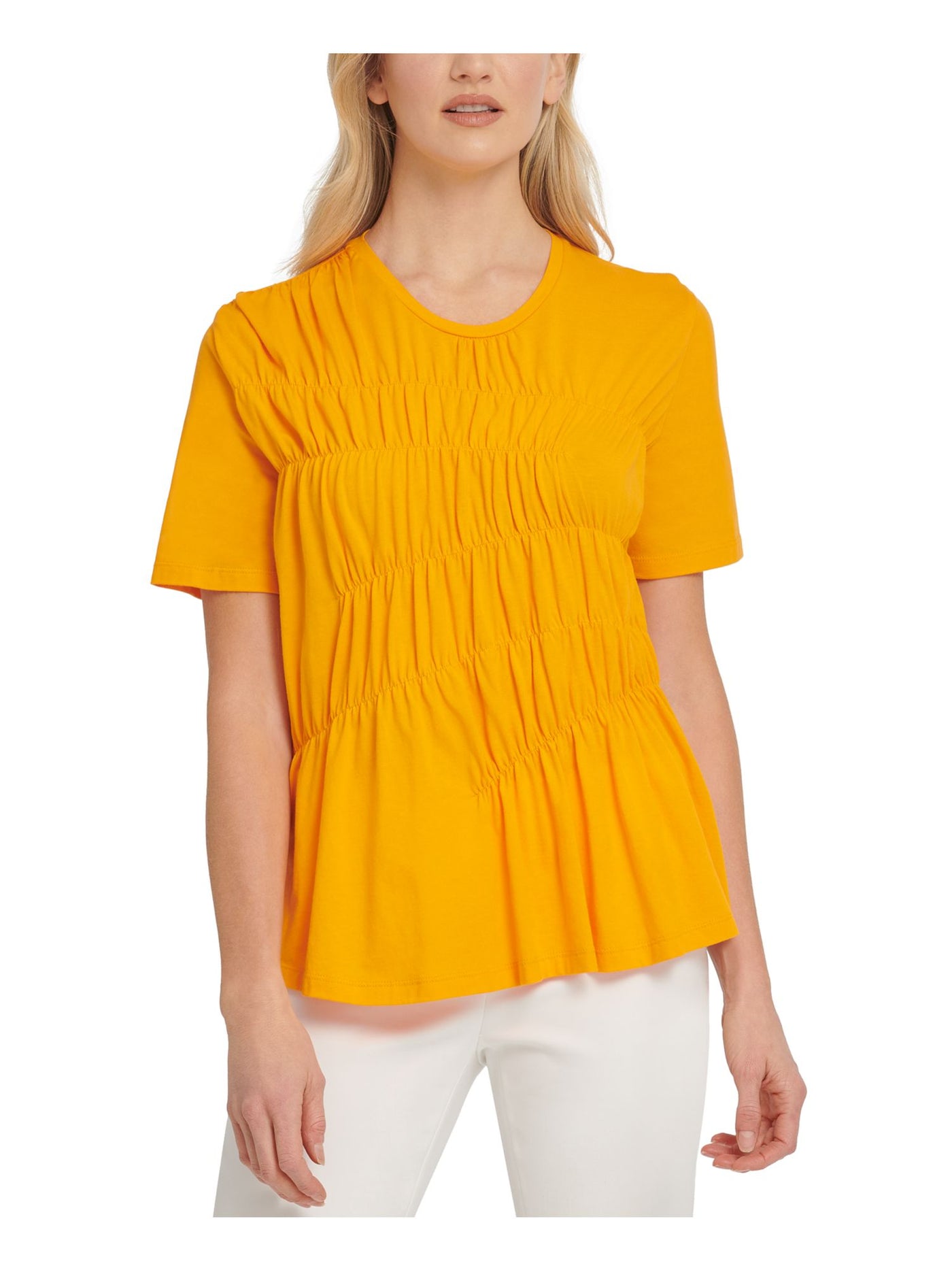 DKNY Womens Orange Ruched Short Sleeve Crew Neck Top S