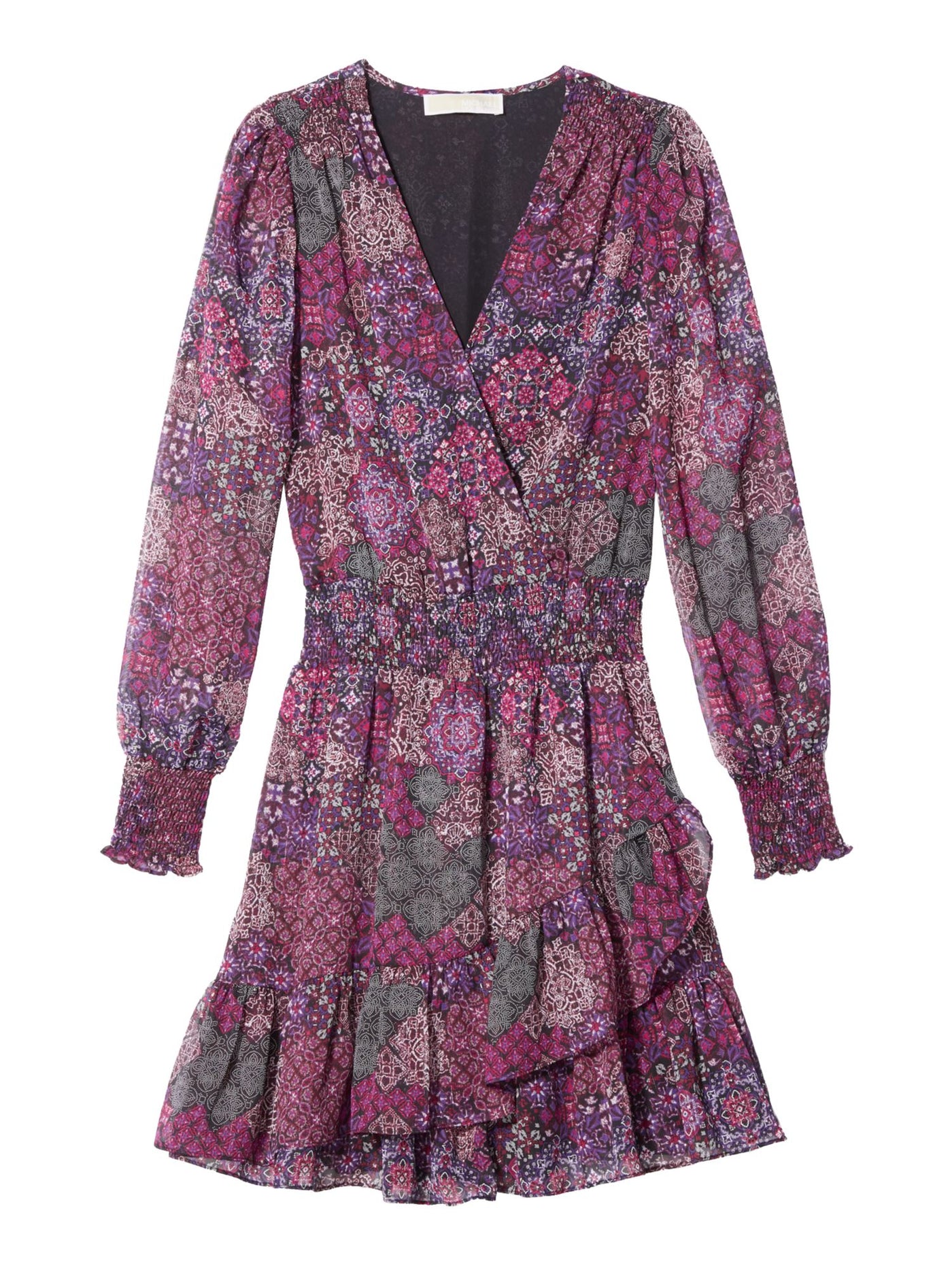 MICHAEL MICHAEL KORS Womens Purple Ruffled Smocked Printed Long Sleeve V Neck Knee Length Faux Wrap Dress XL