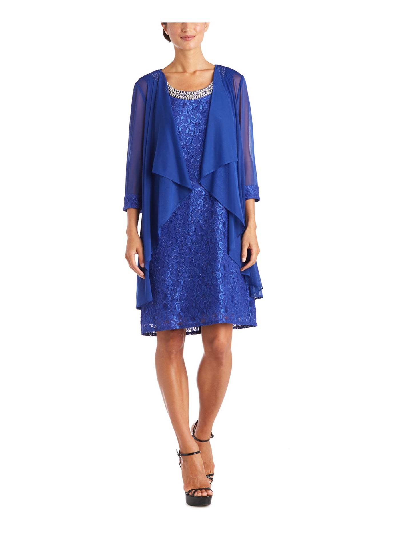 R&M RICHARDS PETITE Womens Blue Lace Embellished Glitter Lined Waterfall Front 3/4 Sleeve Open Front Above The Knee Cocktail Shift Dress Petites 12P