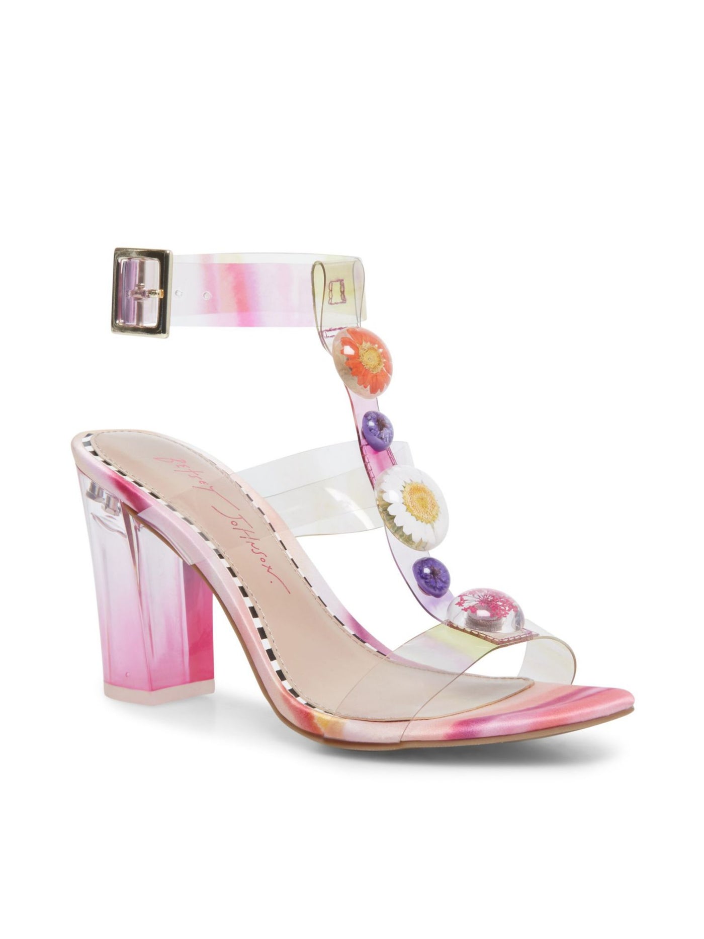 BETSEY JOHNSON Womens Pink Tie-Dye Floral Ornaments Ankle Strap Padded Lennie Almond Toe Block Heel Buckle Dress Sandals 6.5 M