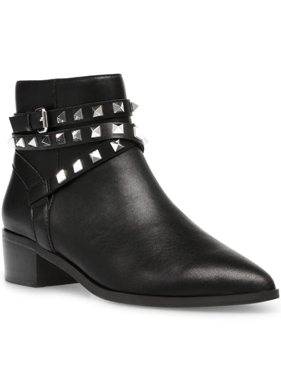 STEVE MADDEN Womens Black Pyramid Studded Ankle Straps Cushioned Buckle Accent Pointed Toe Block Heel Zip-Up Leather Booties 6.5 M