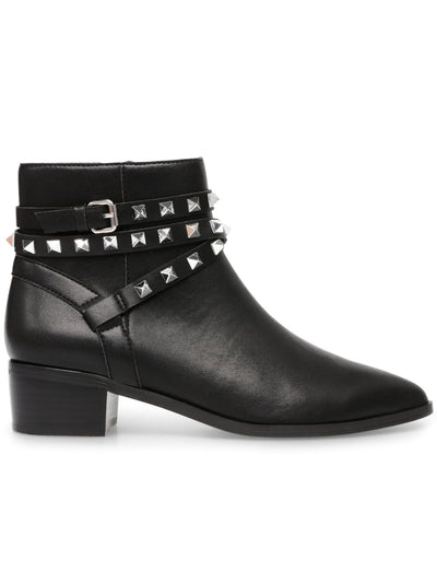 STEVE MADDEN Womens Black Pyramid Studded Ankle Straps Cushioned Buckle Accent Pointed Toe Block Heel Zip-Up Leather Booties 6.5 M