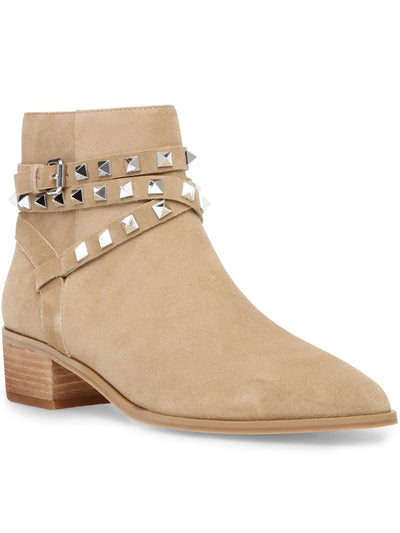 STEVE MADDEN Womens Beige Pyramid Studded Cushioned Buckle Accent Besto Pointed Toe Block Heel Zip-Up Leather Booties 9