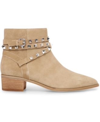 STEVE MADDEN Womens Beige Pyramid Studded Cushioned Buckle Accent Besto Pointed Toe Block Heel Zip-Up Leather Booties 9