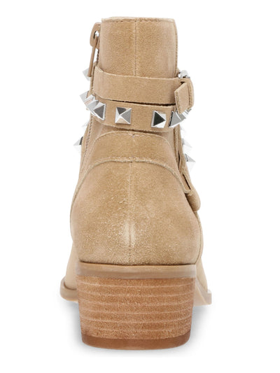 STEVE MADDEN Womens Beige Pyramid Studded Cushioned Buckle Accent Besto Pointed Toe Block Heel Zip-Up Leather Booties 9