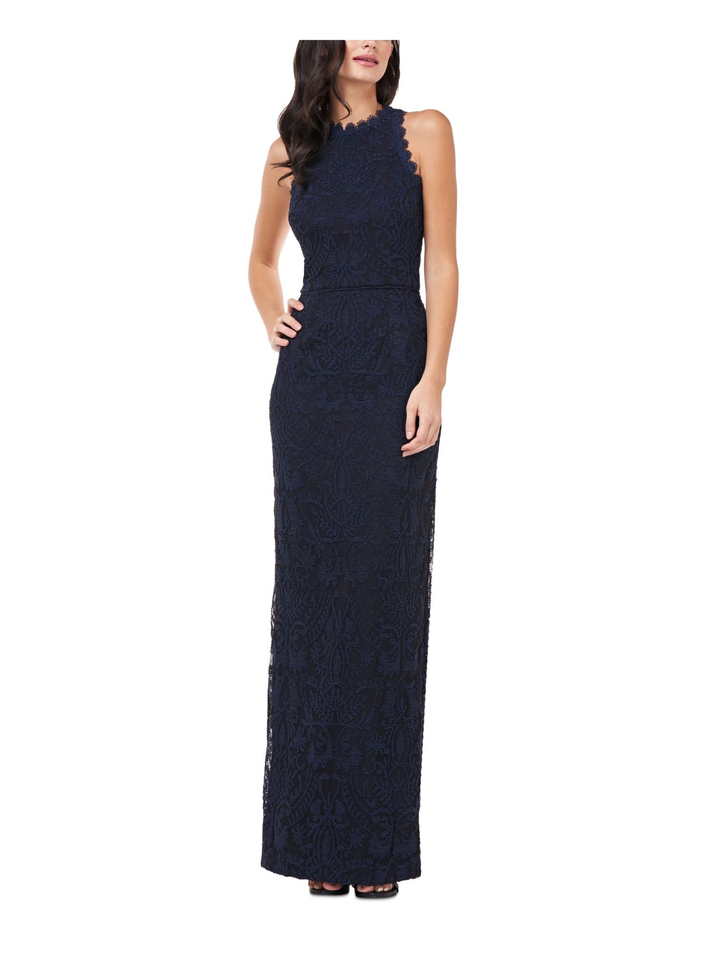 JS COLLECTION Womens Navy Stretch Embroidered Zippered Sleeveless Crew Neck Full-Length Formal Gown Dress 14