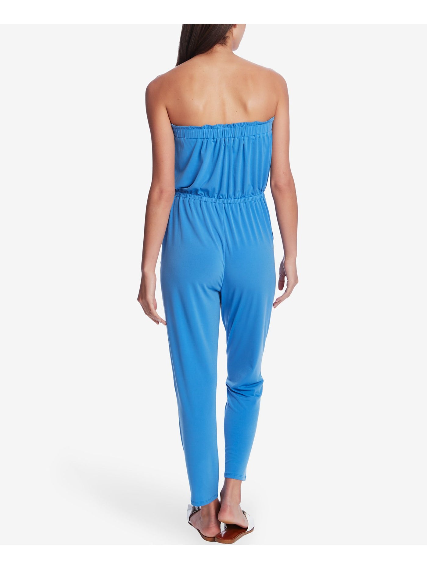 1. STATE Womens Stretch Pocketed Ruffled Cinched-waist Sleeveless Strapless Straight leg Jumpsuit