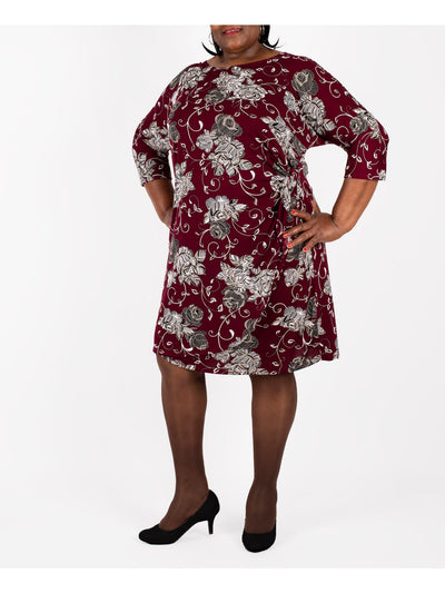 SIGNATURE BY ROBBIE BEE Womens Maroon Floral 3/4 Sleeve Scoop Neck Knee Length Wear To Work Faux Wrap Dress Plus 2X